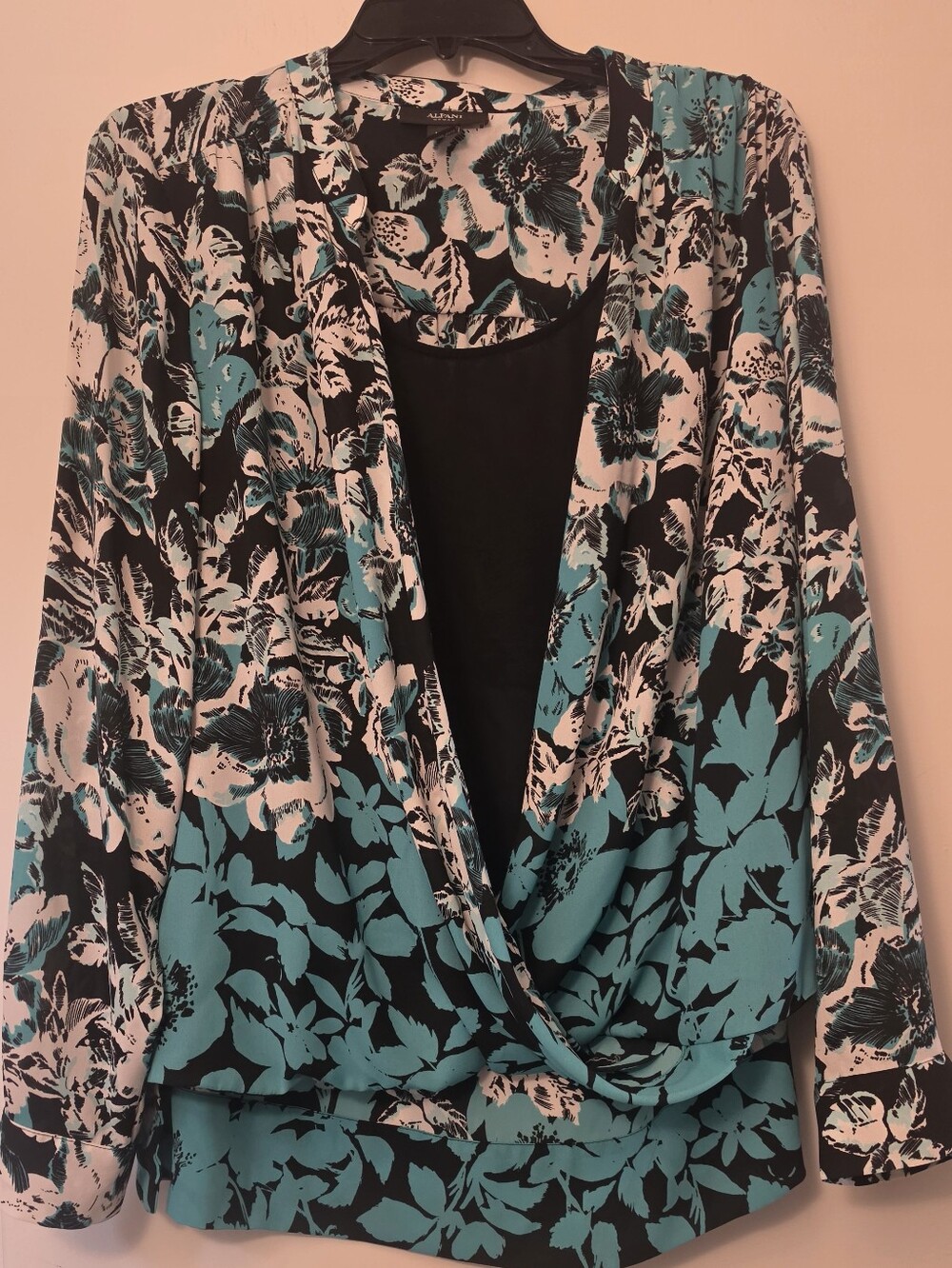 Alfani Teal Black White Floral Twist-Front Blouse